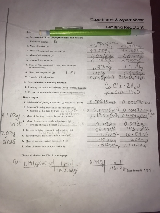 Experiment 8 Report Sheet Limiting Reactant Date A