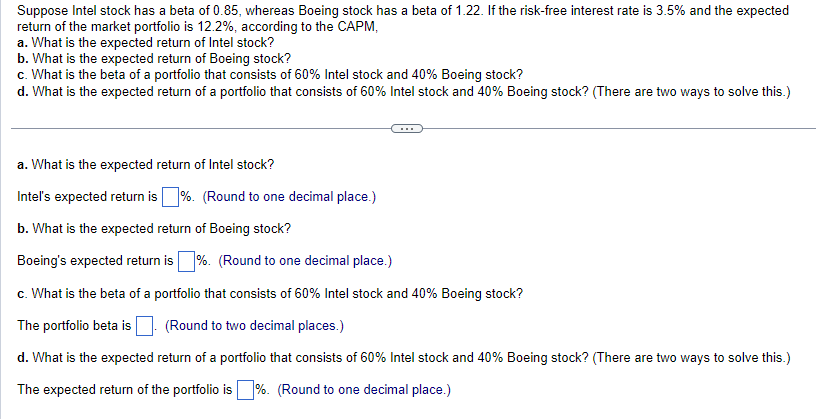 Solved Suppose Intel Stock Has A Beta Of 0.85, Whereas | Chegg.com