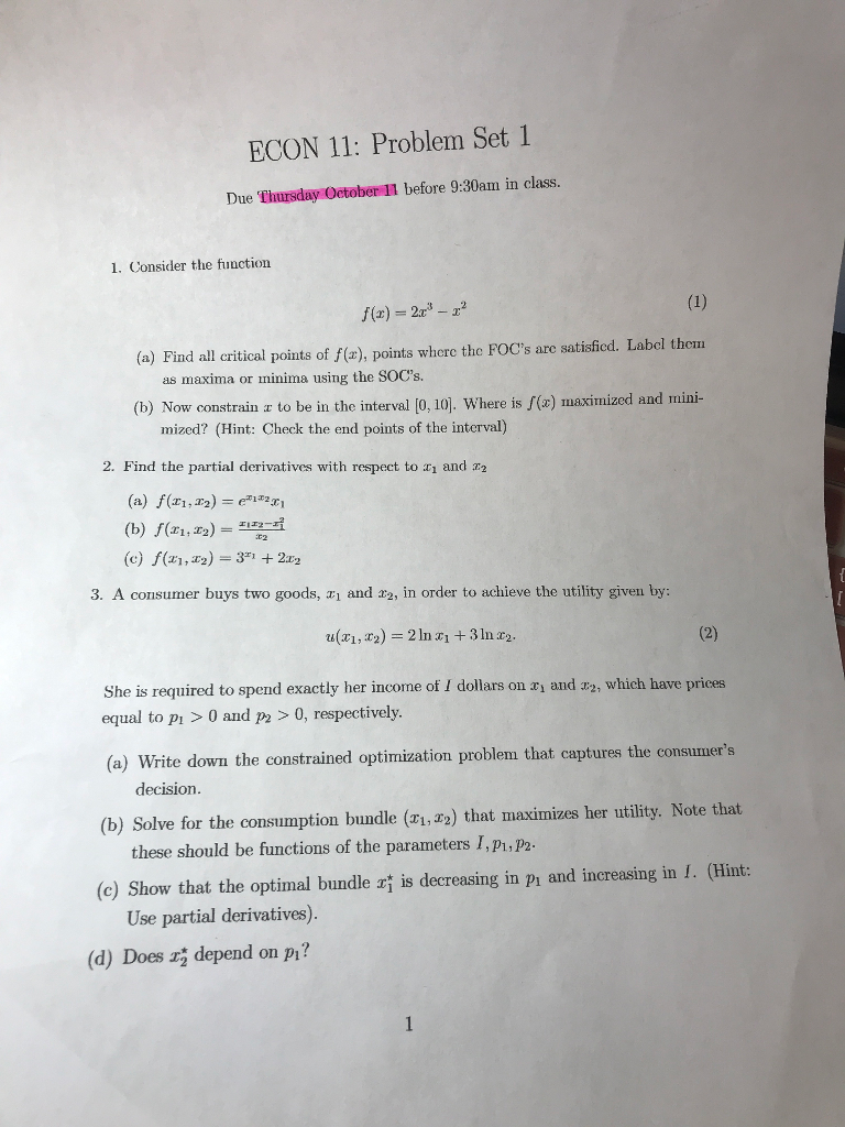 ECON 11: Problem Set 1 Due Thursday October 11 before | Chegg.com