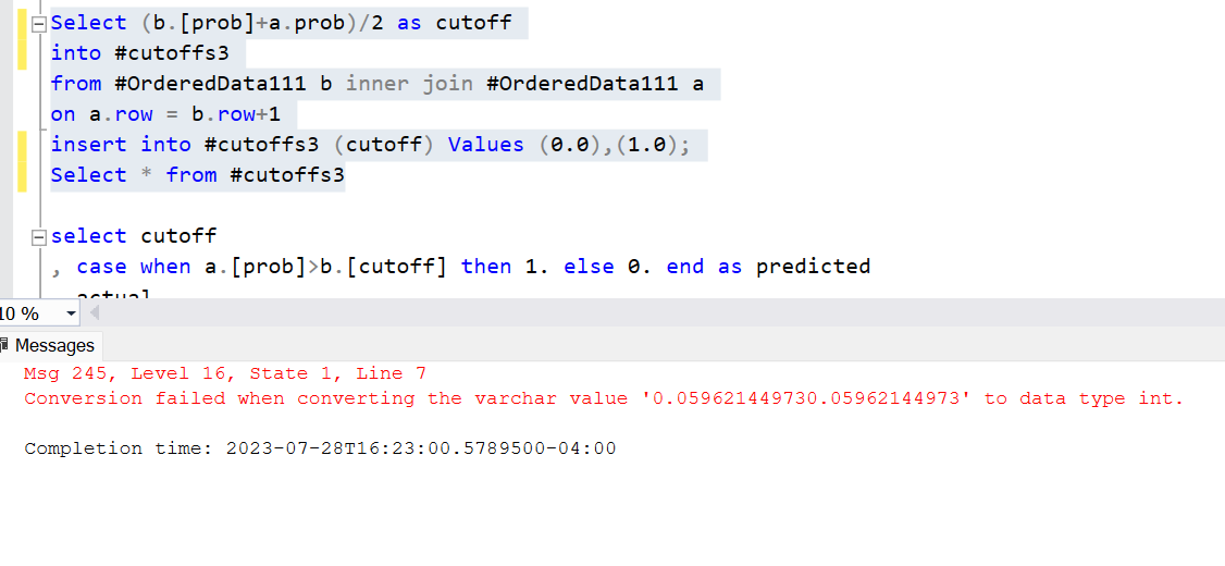 Solved Select (b.[prob]+a.prob)/2 as cutoff into \#cutoffs 3 | Chegg.com
