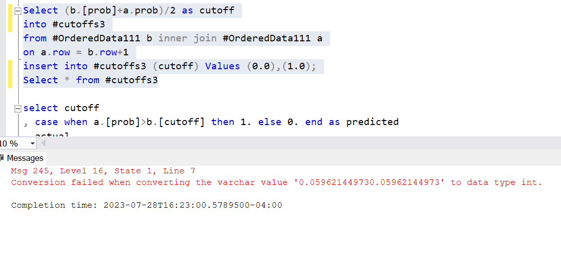 Solved Select (b.[prob]+a.prob)/2 As Cutoff Into \#cutoffs 3 | Chegg.com