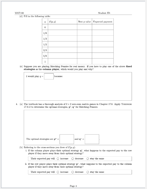 Solved MAT133 Student ID 2. Matching Pennies In Tutorial