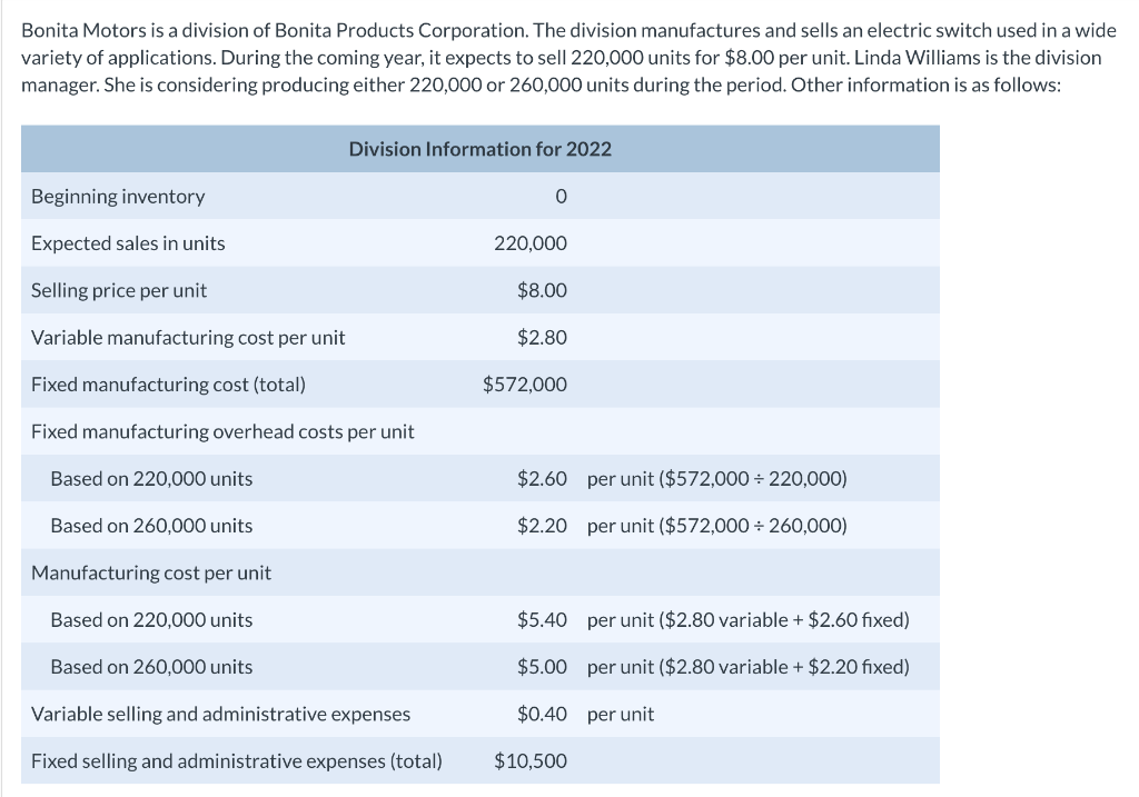 Solved Bonita Motors is a division of Bonita Products