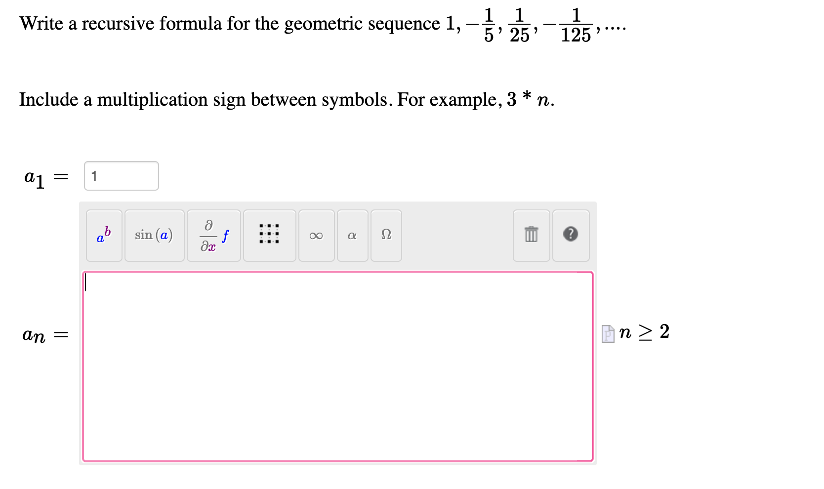 Solved Write a recursive formula for the geometric sequence | Chegg.com