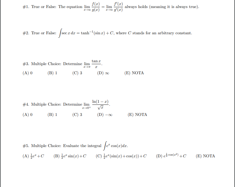 Solved #1. True or False: The equation lim = lim 1+ g(x) | Chegg.com