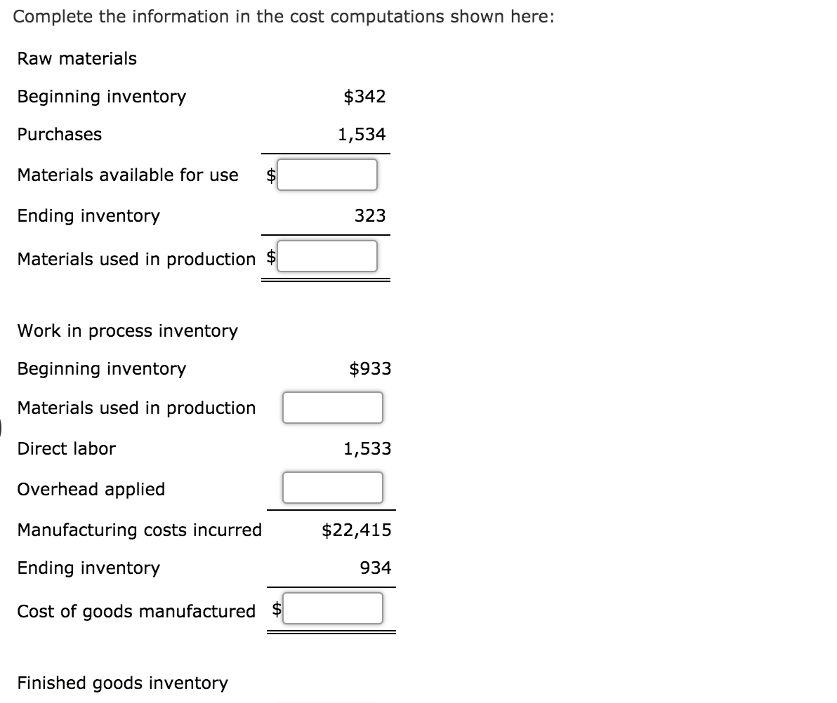 Solved Complete the information in the cost computations | Chegg.com