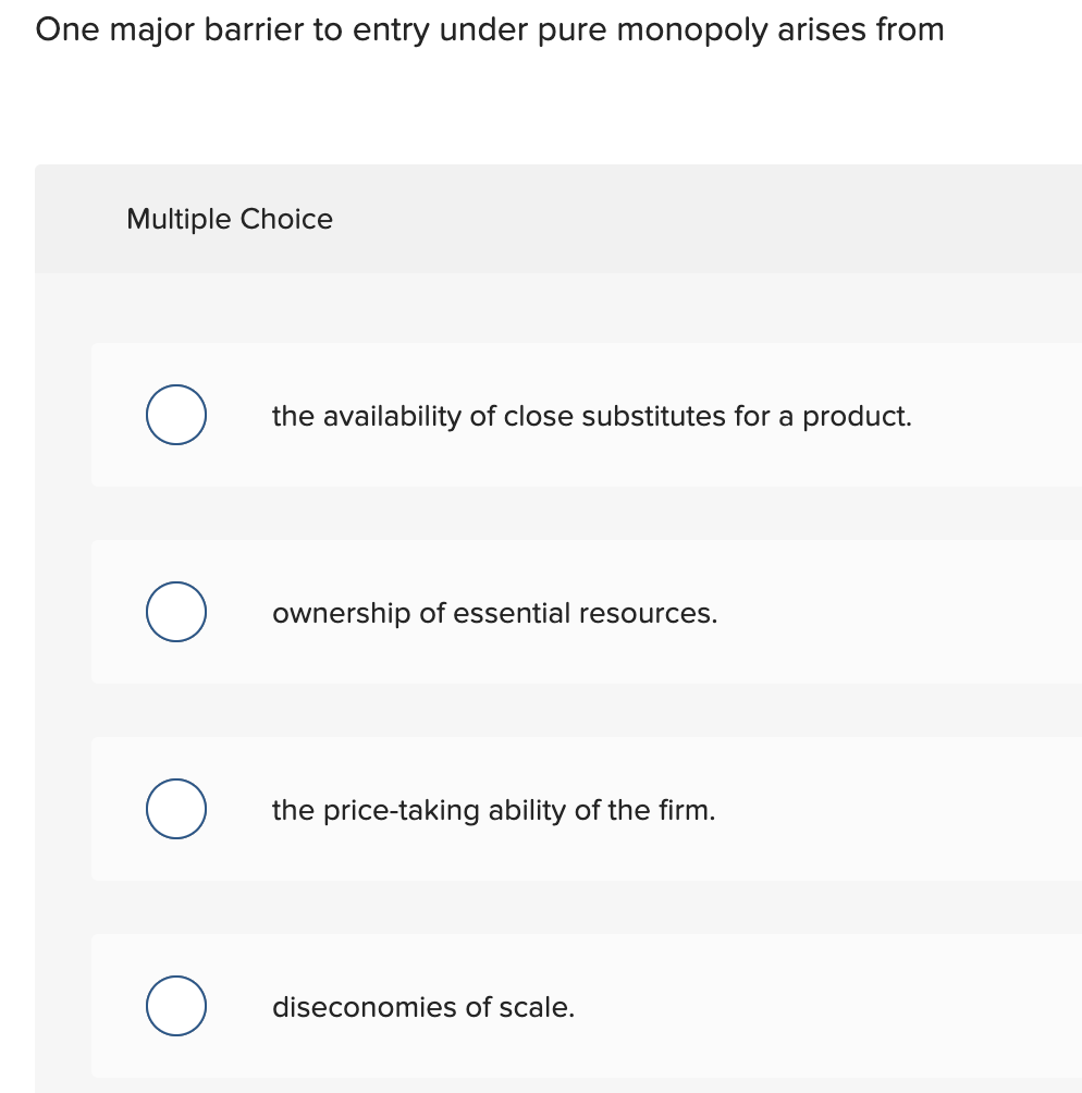 Solved One major barrier to entry under pure monopoly arises