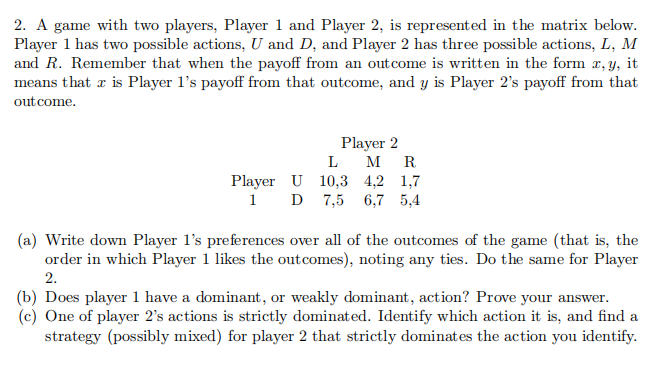 2. A game with two players, Player 1 and Player 2, is | Chegg.com