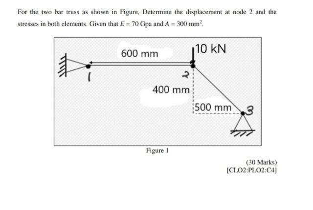 For the two bar truss as shown in Figure, Determine the displacement at node 2 and the stresses in both elements. Given that 