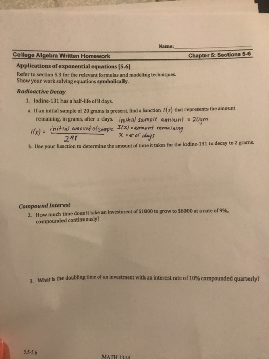 Solved Name: College Algebra Written Homework Chapter 5: | Chegg.com