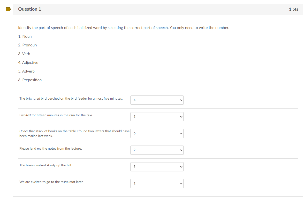 Identify the part of speech of each italicized word