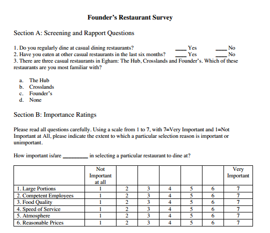 Founder's Restaurant Survey Section A: Screening And 