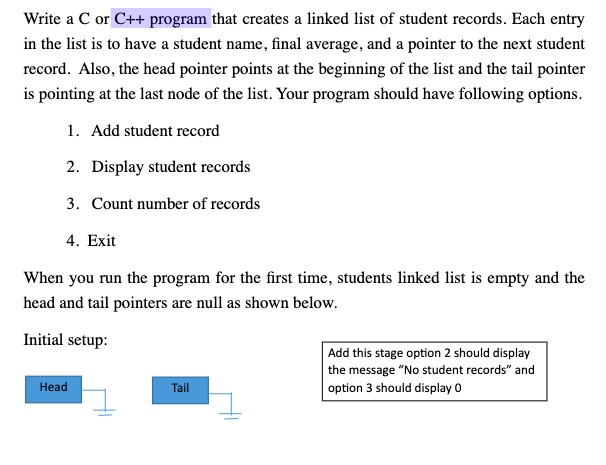 Solved Write a C or C++ program that creates a linked list | Chegg.com