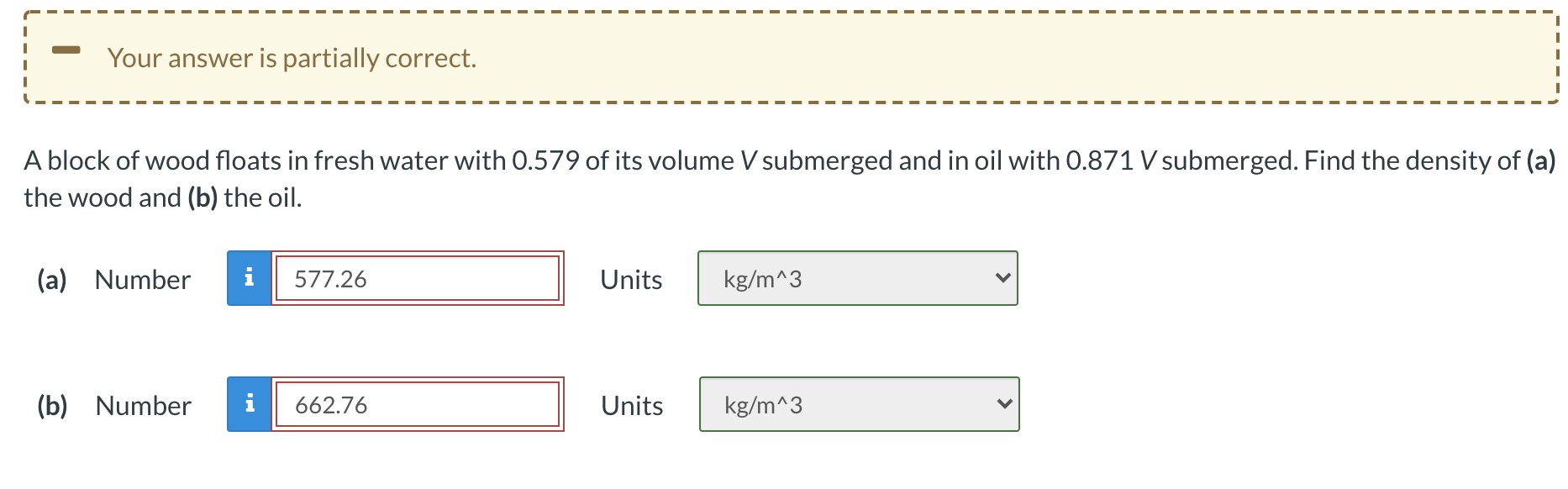 Solved Your Answer Is Partially Correct I A Block Of Wood Chegg