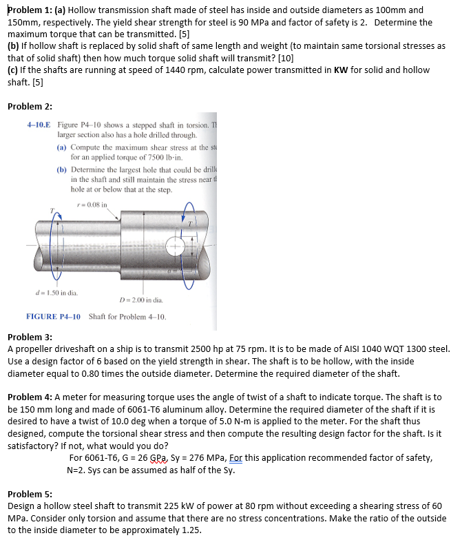 Solved Problem 1: (a) Hollow Transmission Shaft Made Of | Chegg.com