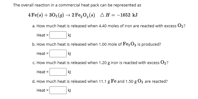 Solved The overall reaction in a commercial heat pack can be | Chegg.com