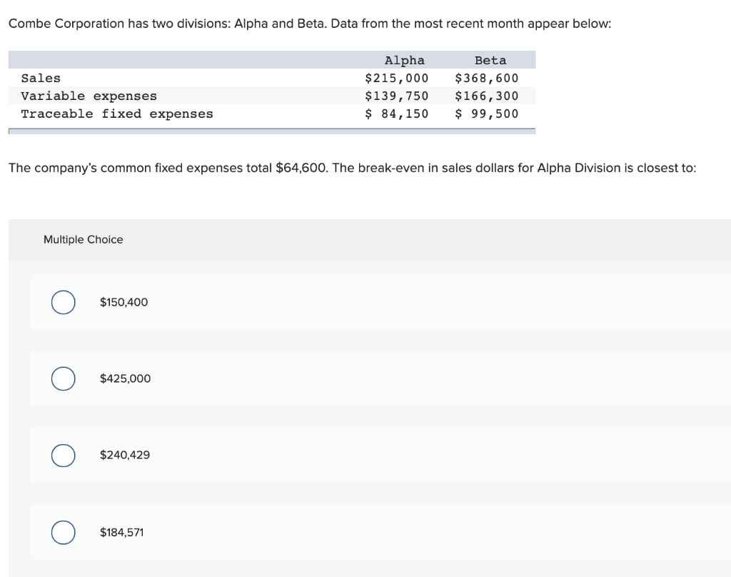 Solved Combe Corporation has two divisions Alpha and Beta.