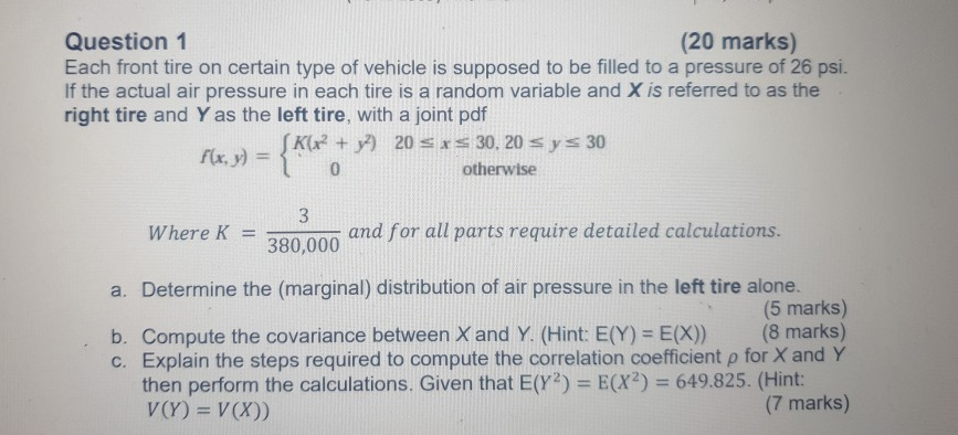 Tire Math Question Solved Question 1 (20 marks) Each front tire on certain type | Chegg.com