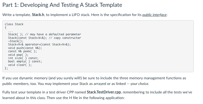 Solved Part 1: Developing And Testing A Stack Template Write | Chegg.com