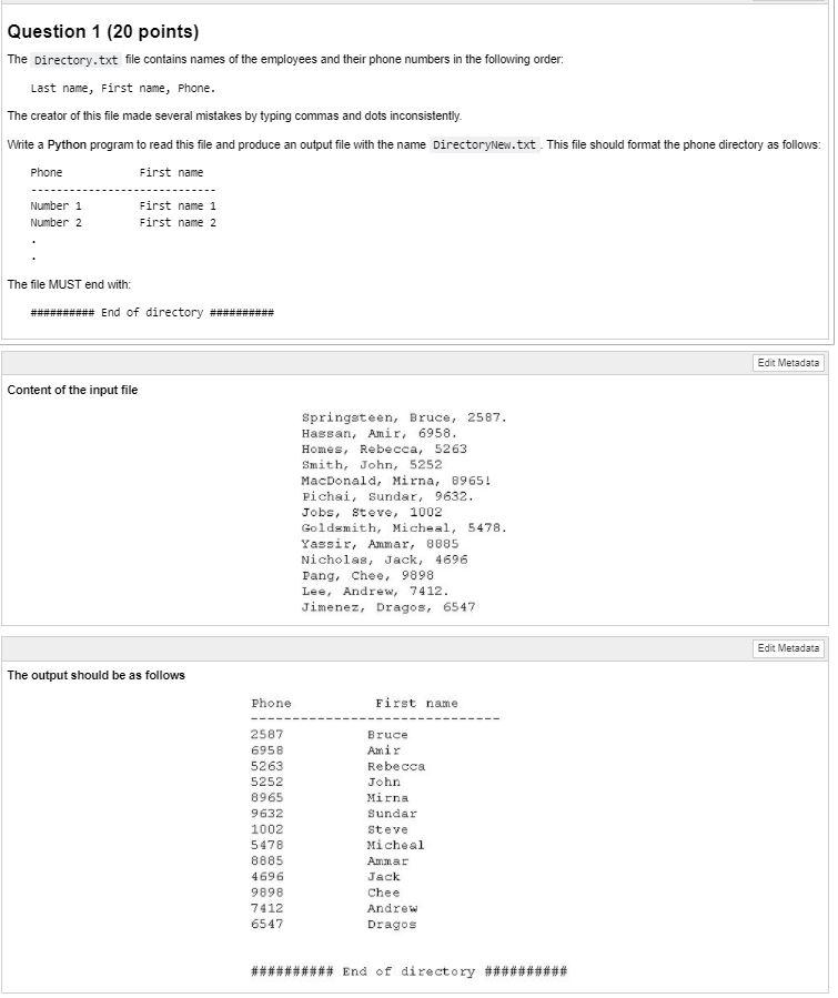 Solved Edit Metadata 1 ## This function is used to | Chegg.com