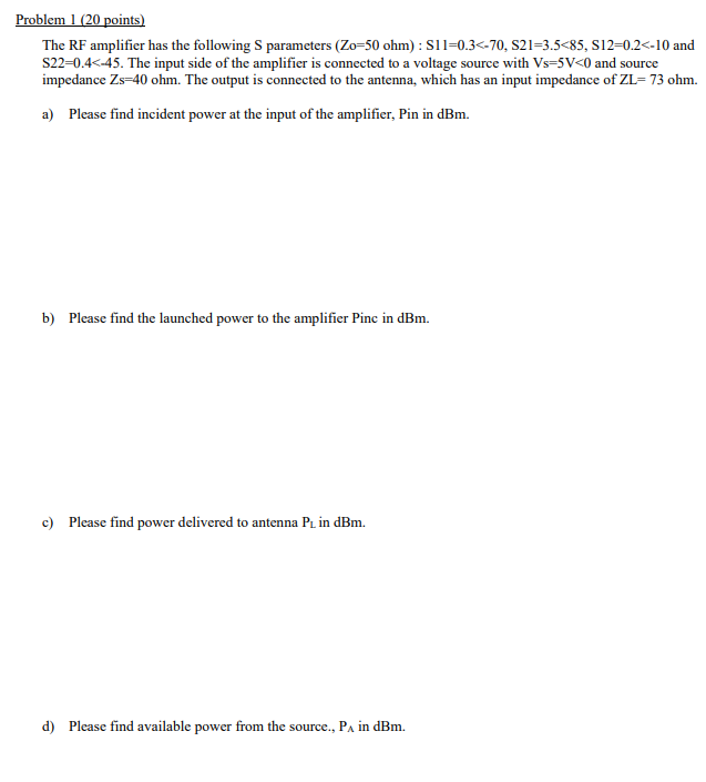 Solved Problem 1 (20 points) The RF amplifier has the | Chegg.com