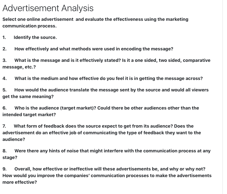 Solved Advertisement Analysis Select one online | Chegg.com