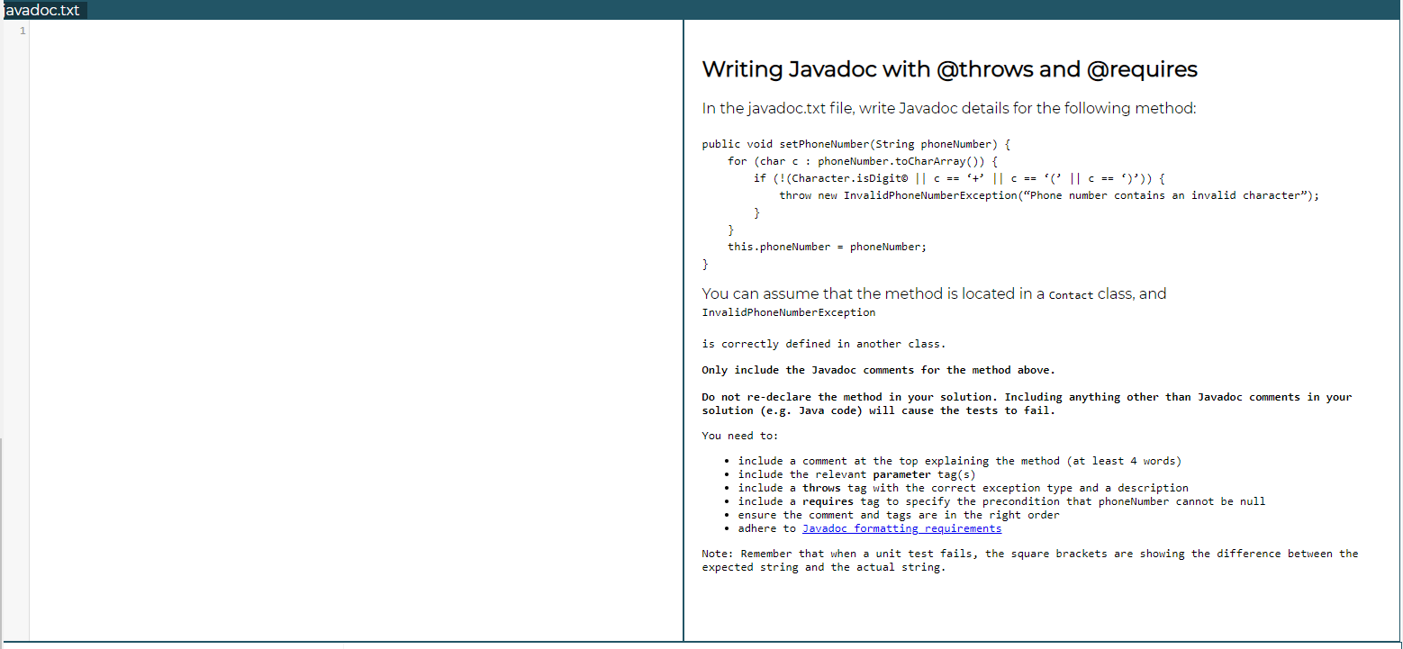 Solved Writing Javadoc with throws and requires In the
