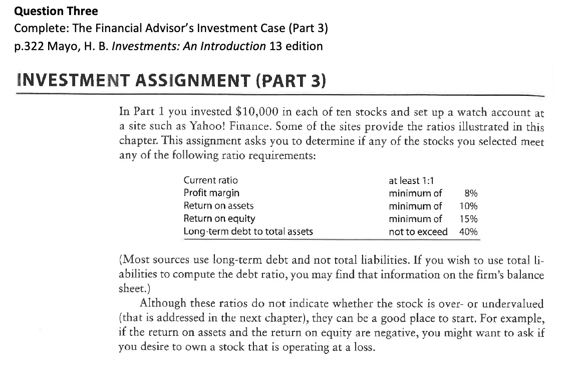 Question Three Complete: The Financial Advisor's | Chegg.com