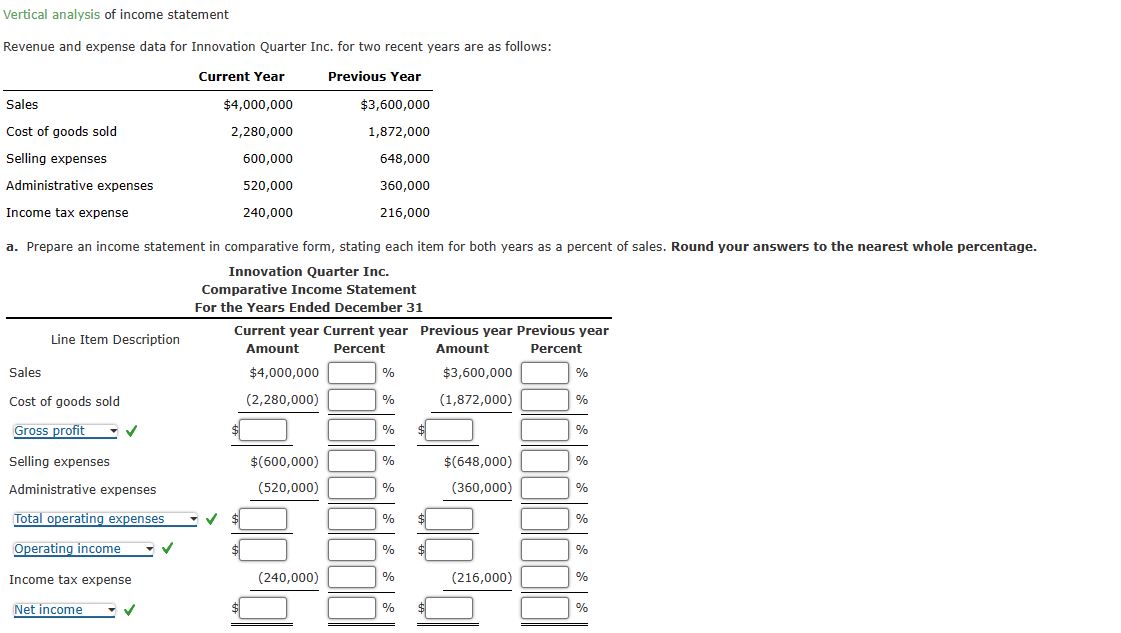 Solved Vertical analysis of income statement Revenue and | Chegg.com