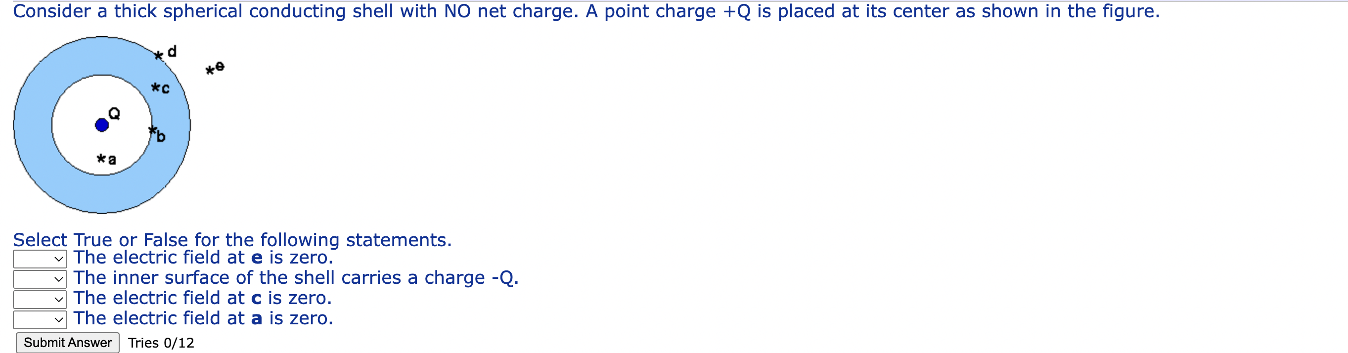 Consider a thick spherical conducting shell with \( N O \) net charge. A point charge \( +Q \) is placed at its center as sho