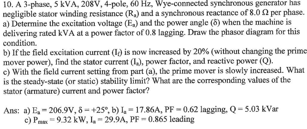 Solved 10. A 3-phase, 5 kVA, 208V, 4-pole, 60 Hz, | Chegg.com