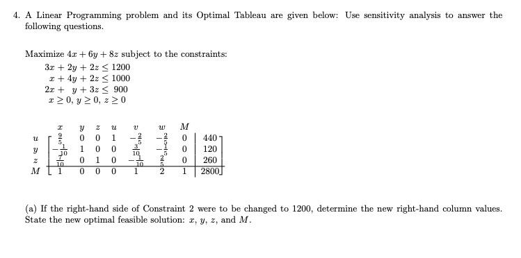 Solved 4. A Linear Programming problem and its Optimal | Chegg.com