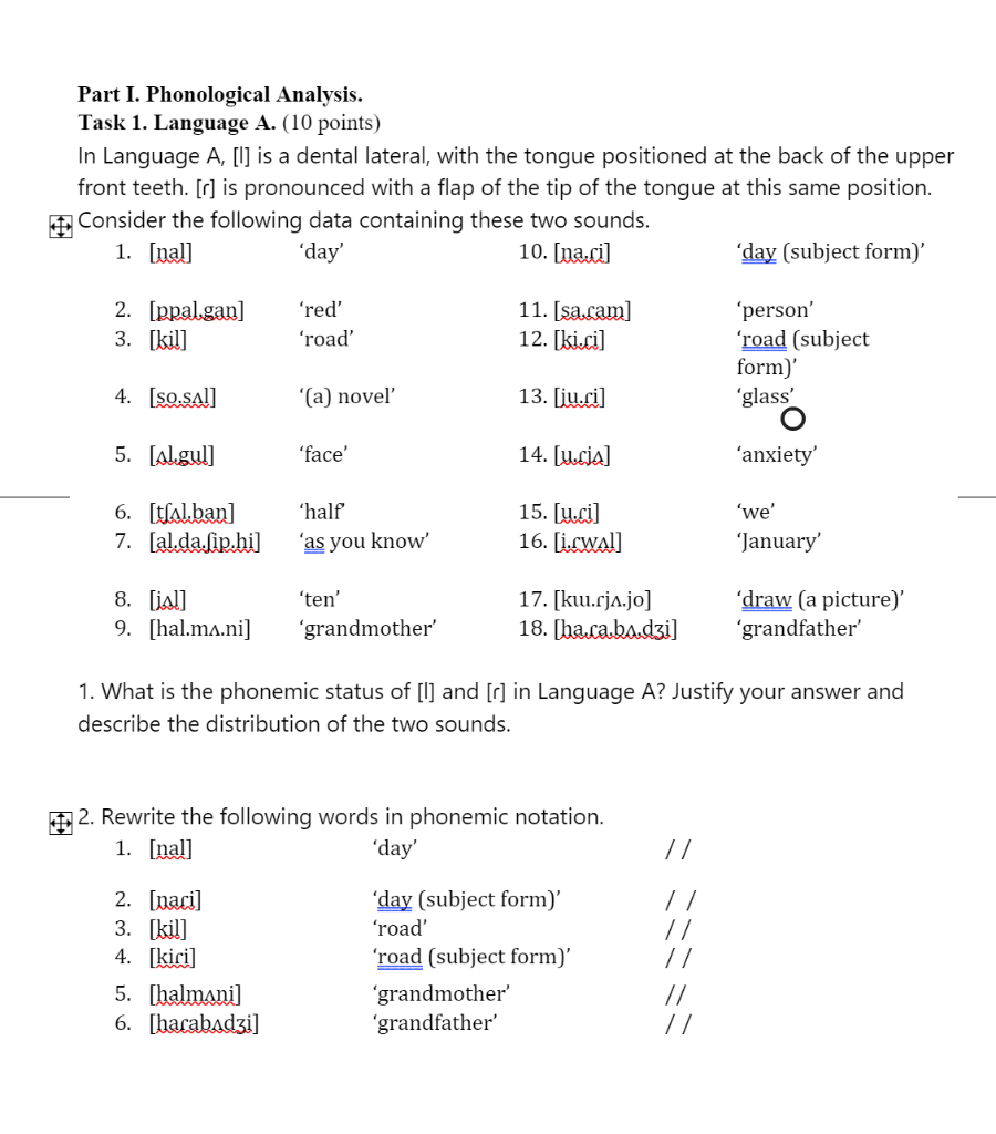 Part I. Phonological Analysis. Task 1. Language A. | Chegg.com