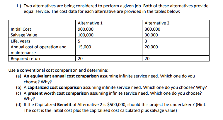 Solved 1.) Two Alternatives Are Being Considered To Perform | Chegg.com