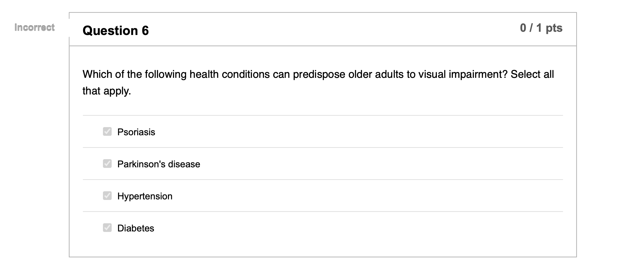 Incorrect Question 6 0 / 1 pts Which of the following health conditions can predispose older adults to visual impairment? Sel