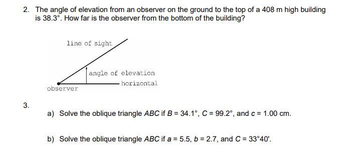 Solved 2. The angle of elevation from an observer on the | Chegg.com