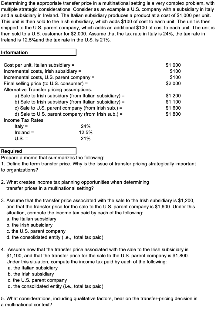 Solved Determining the appropriate transfer price in a