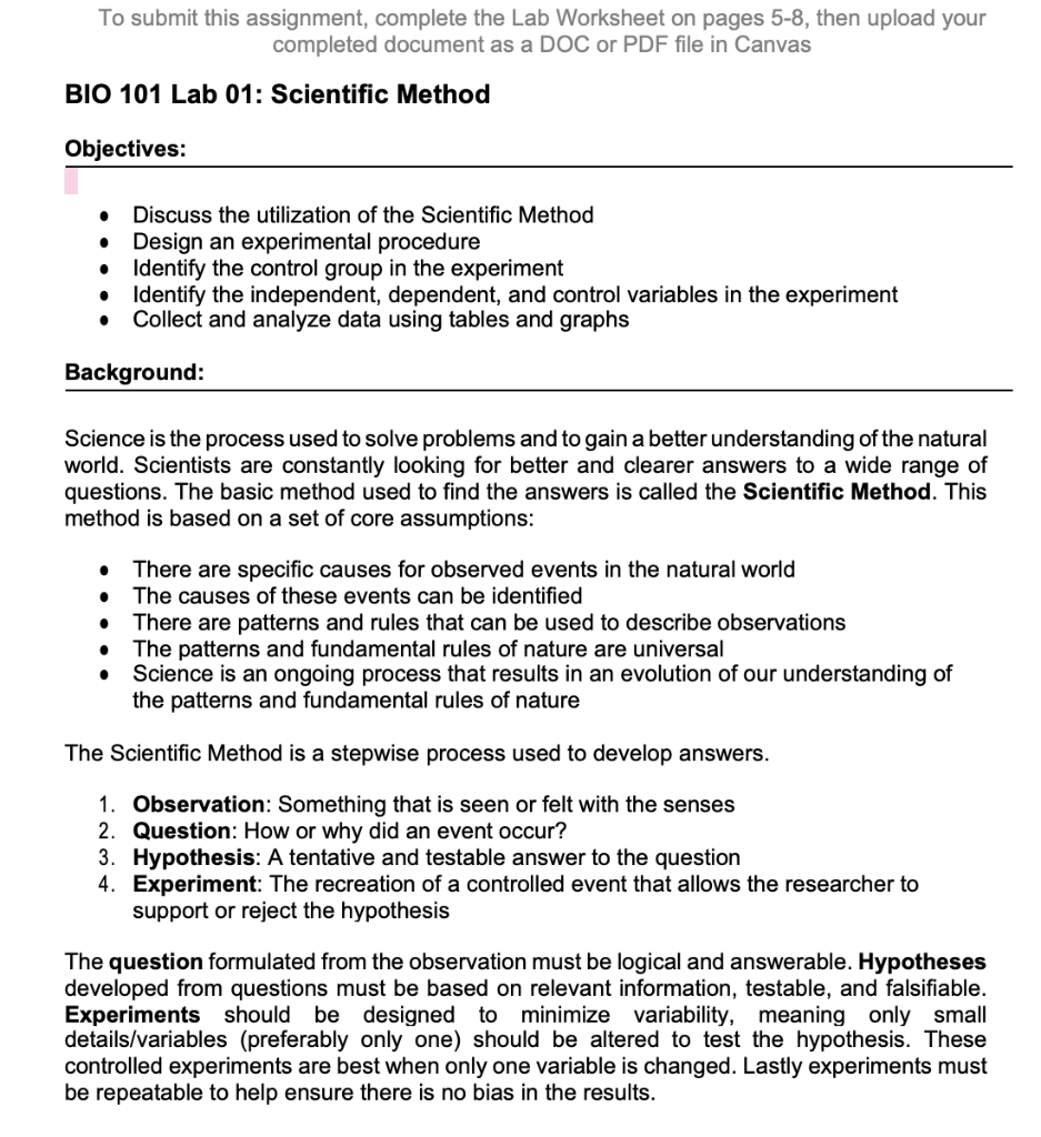 To submit this assignment, complete the Lab Worksheet  Chegg.com Regarding Experimental Design Worksheet Answers