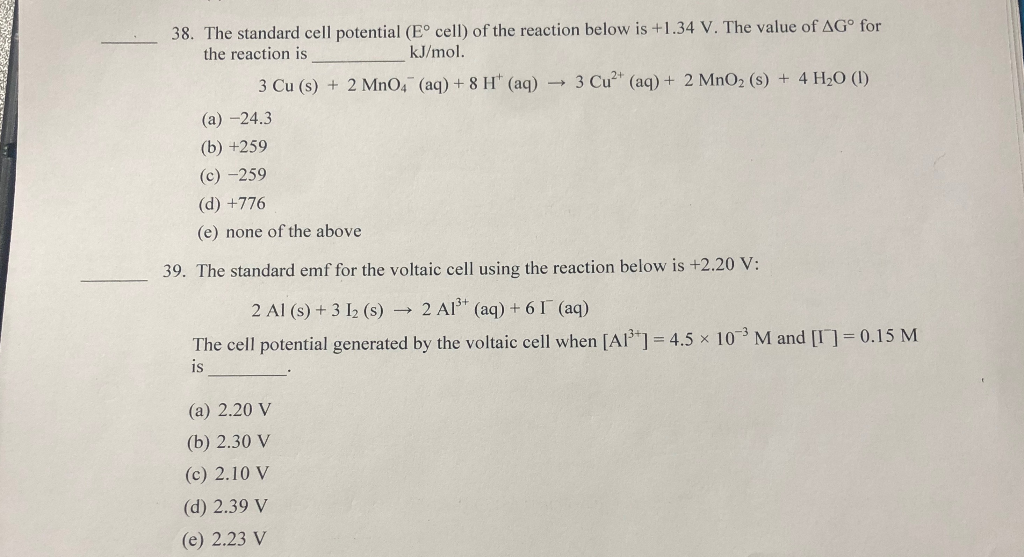 Solved 38 The Standard Cell Potential Eo Cell Of The Chegg Com