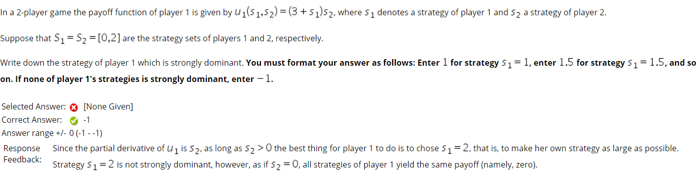 Solved In a 2-player game the payoff function of player 1 is | Chegg.com