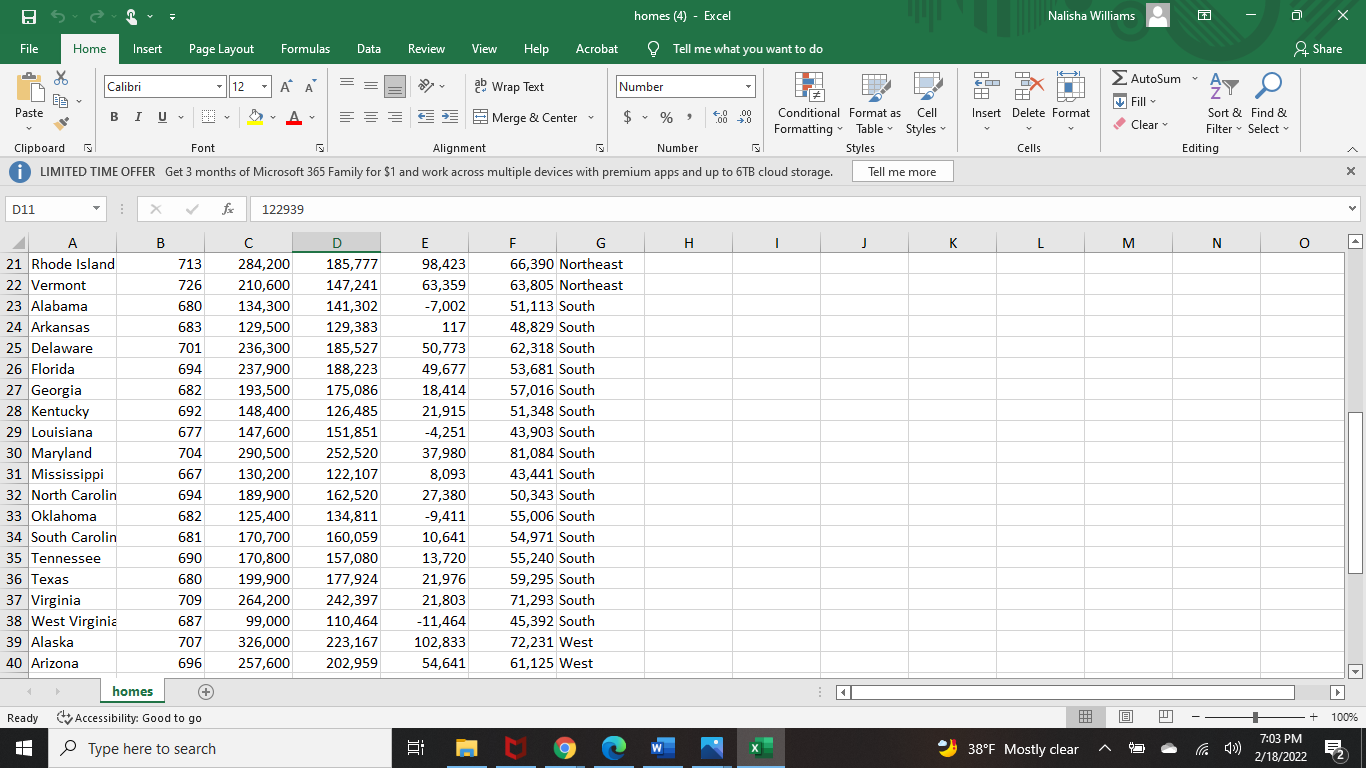 homes (4) - Excel Nalisha Williams Х File Home Insert | Chegg.com