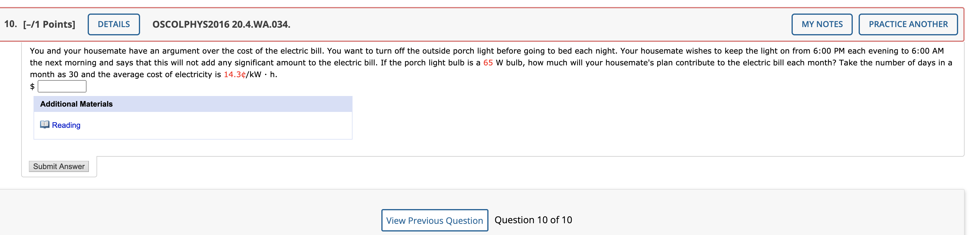 Solved 10 [ 1 Points] Details Oscolphys2016 20 4 Wa 034