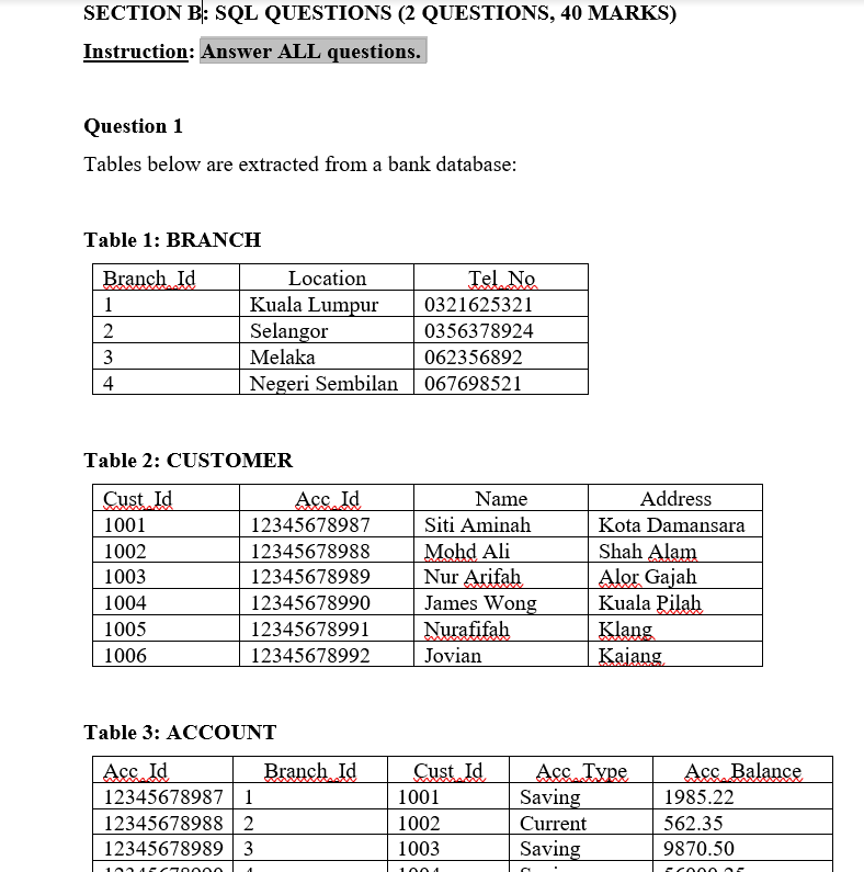 Solved SECTION B: SQL QUESTIONS (2 QUESTIONS, 40 MARKS) | Chegg.com