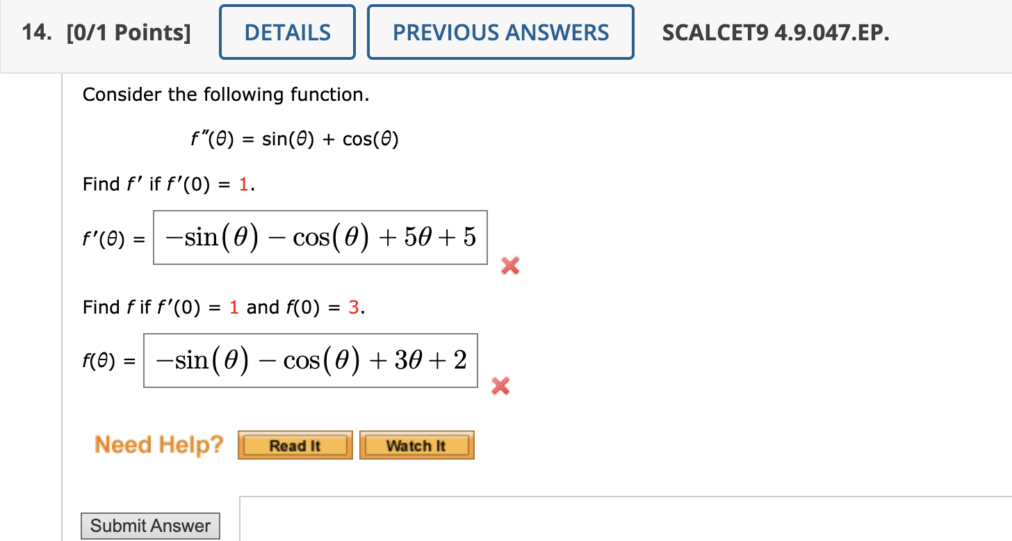 Solved Consider the following function. f′′(θ)=sin(θ)+cos(θ) | Chegg.com