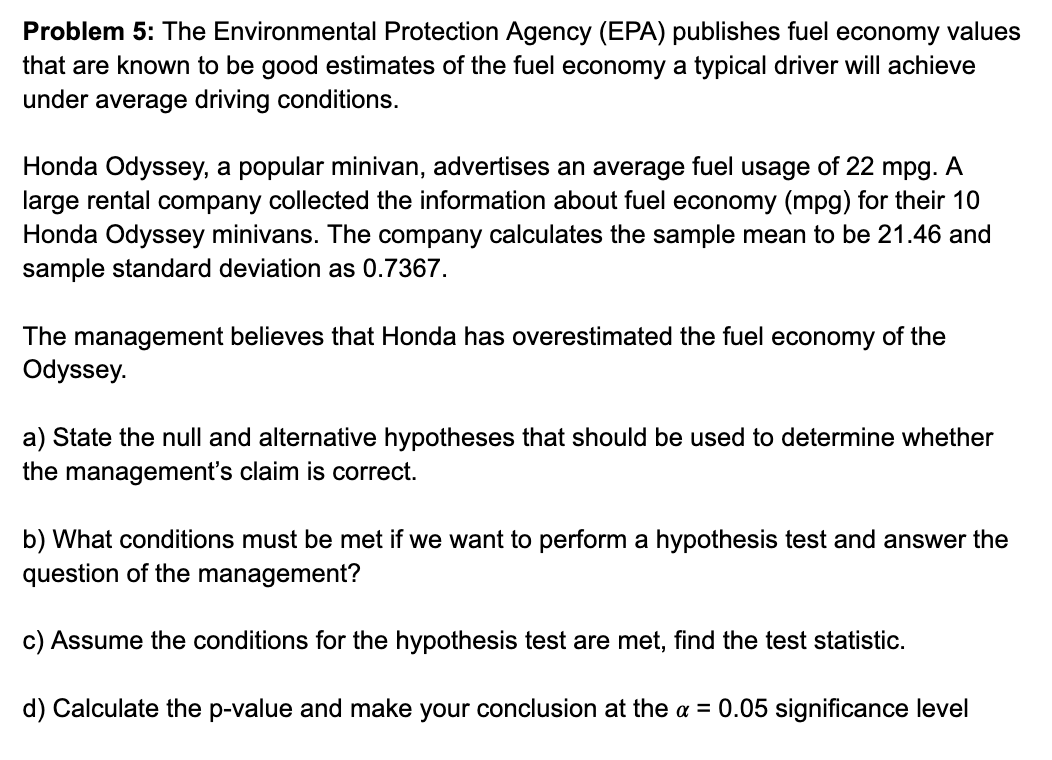 Solved Problem 5 The Environmental Protection Agency (EPA)