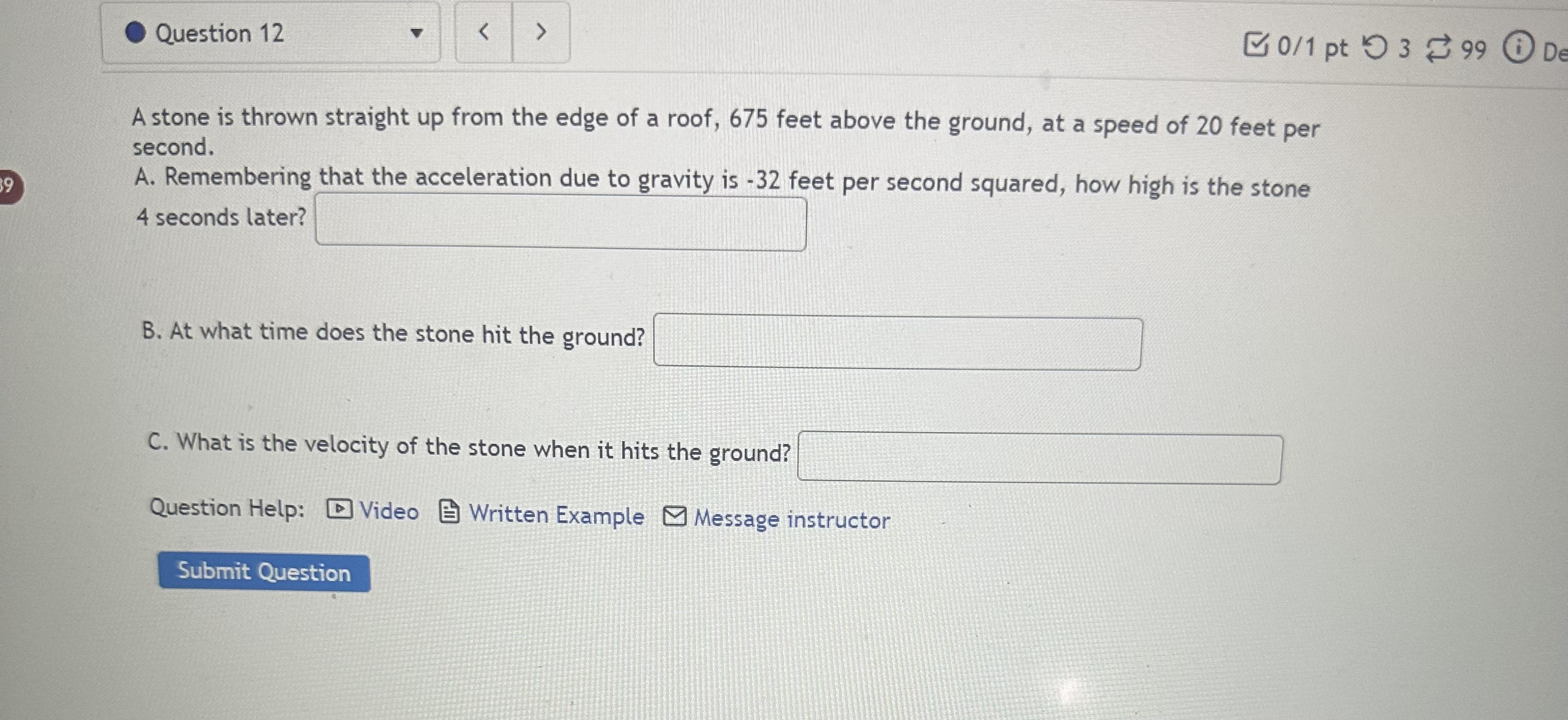Solved A stone is thrown straight up from the edge of a | Chegg.com