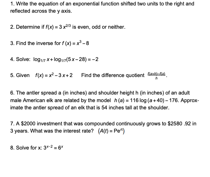 Solved 1. Write the equation of an exponential function | Chegg.com