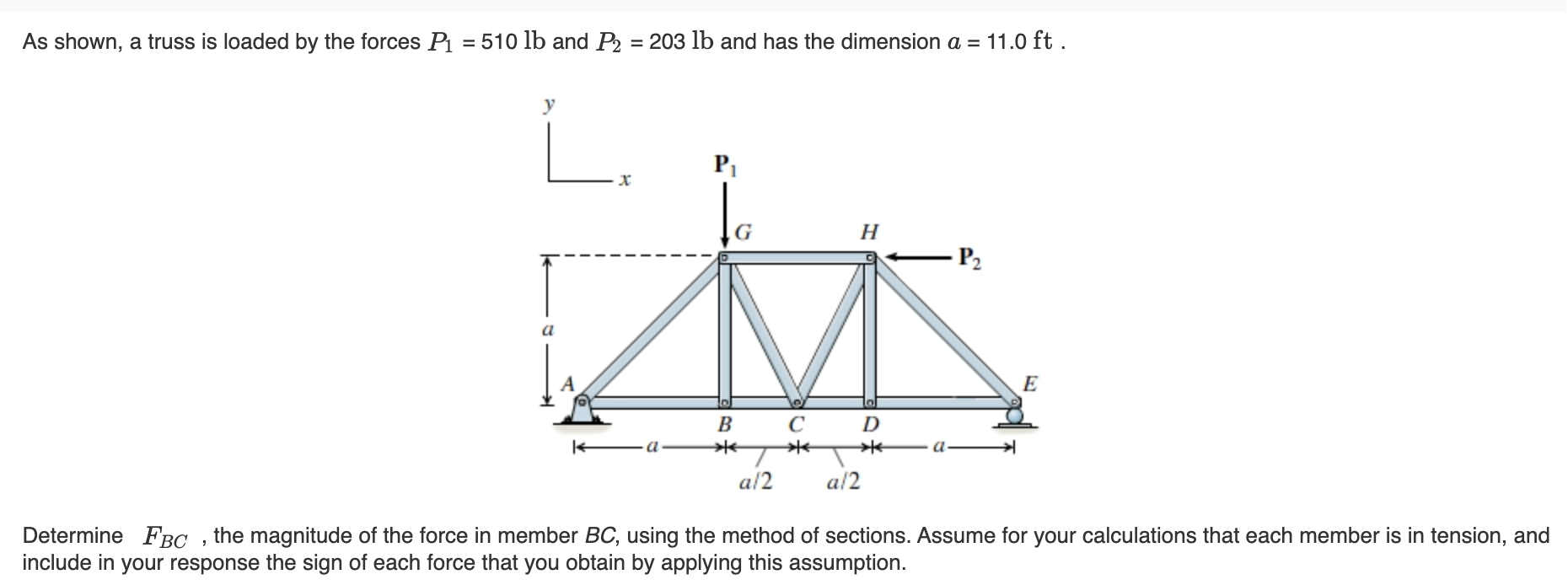 Solved As shown, a truss is loaded by the forces Pi 510 lb | Chegg.com