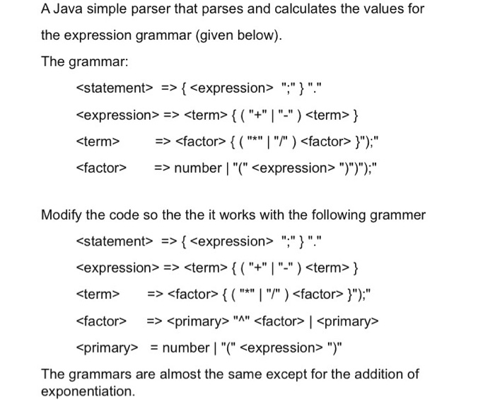 Solved A Java simple parser that parses and calculates the | Chegg.com