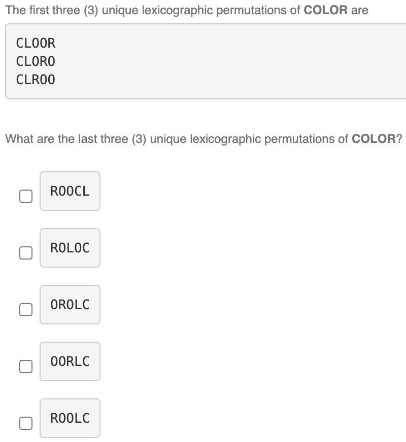 Solved The first three (3) unique lexicographic permutations | Chegg.com